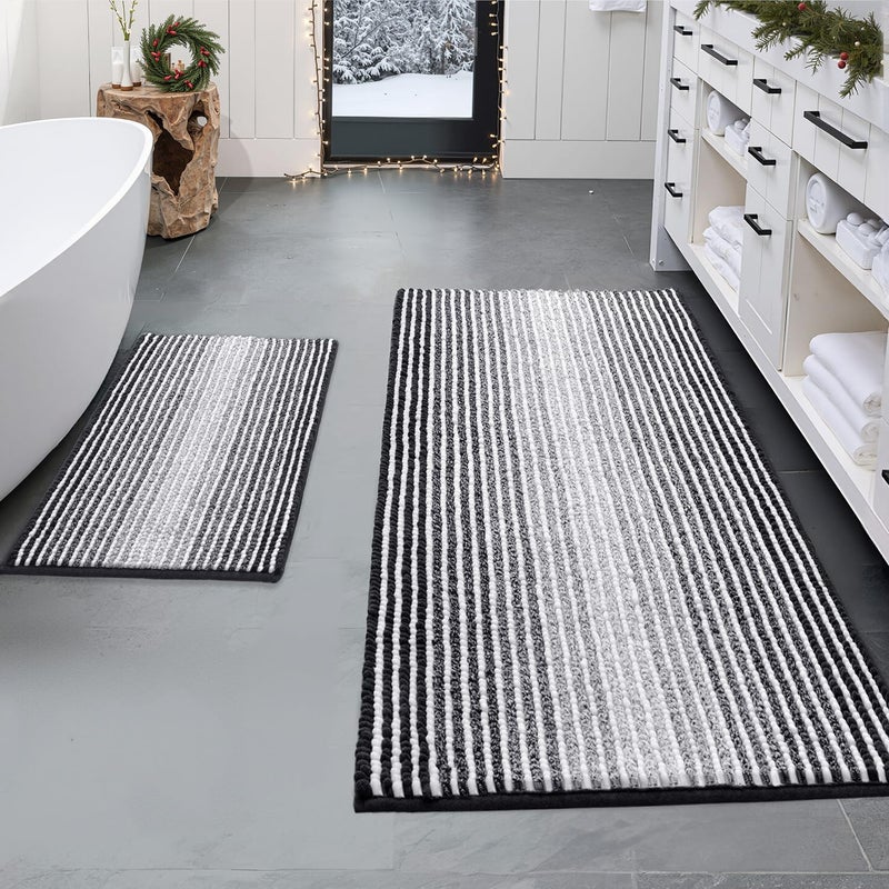 BSICPRO Bathroom Rugs and Mats Sets, 2 Piece Thick Absorbent Chenille Bath Mat Rug Set Non Slip, Soft Shaggy Bath Room Floor Mats for Bathroom, Machine Washable (20" x 47" Plus 16" x 24", Black) - Image 1