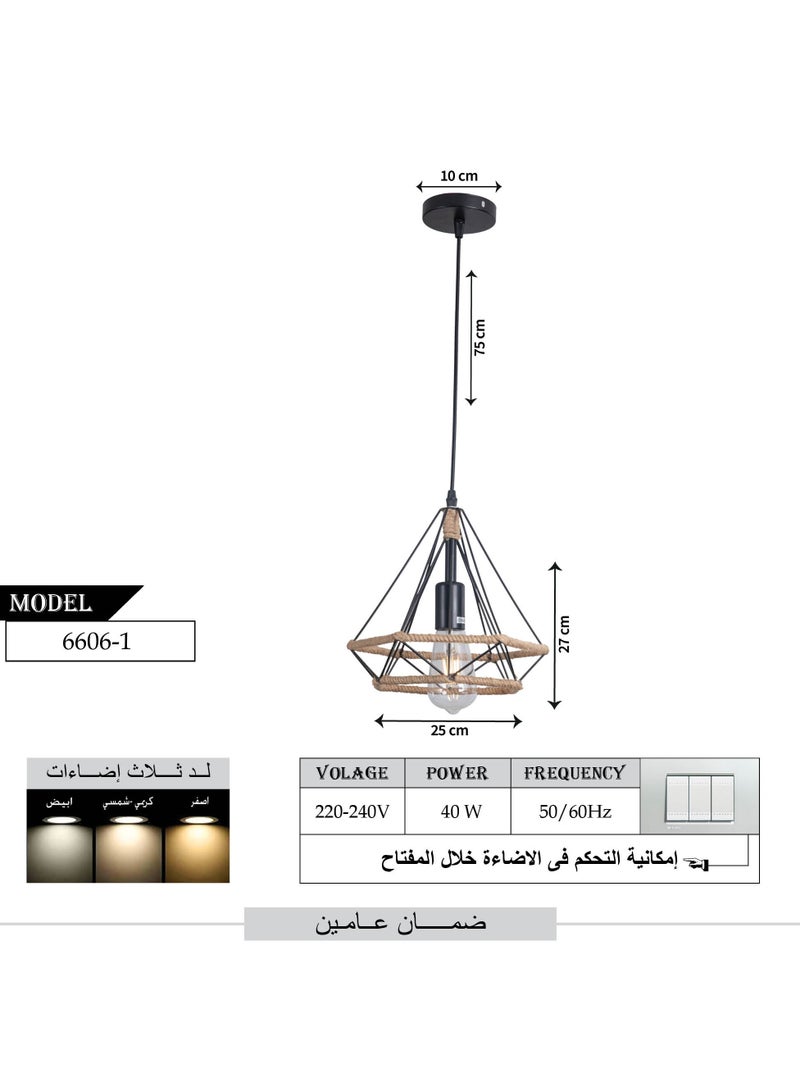 Best Power Rustic Hanging Pendant Light, Model 6606-1, E27 Bulb Base, Adjustable Height, 3 Light Modes, Black Metal & Rope Design, Indoor Lighting for Dining Room, Kitchen, Living Room  - Image 3