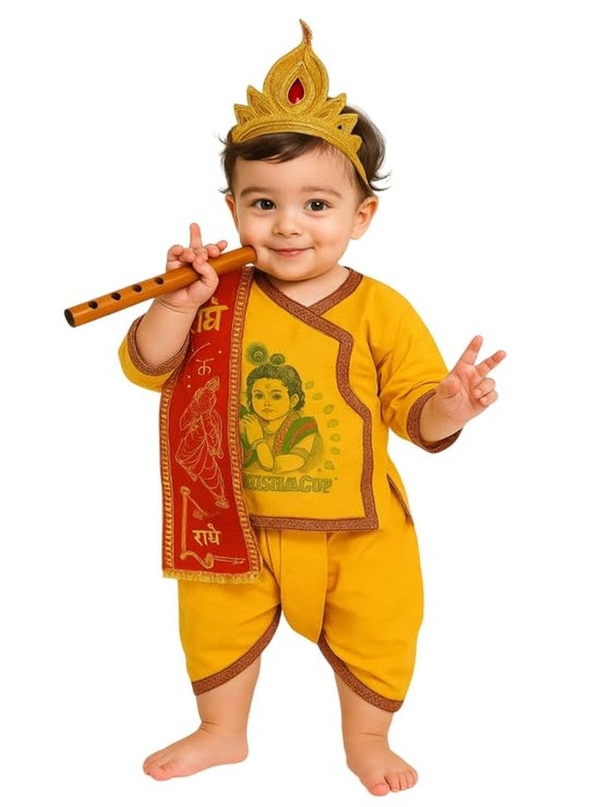 Krystle Standard Boys and Girls Dhoti Kurta Krishna Kids Costume Ethnic Wear Dress (Pack of 5 - Kurta, Dhoti, Bansuri, Mor Pankh Mukut, Bandhni Patka)(Yellow, 2-3 Years) - Image 2
