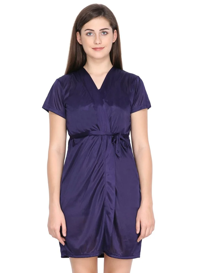 Take Two Women Navy Blue Satin Short Sleeve Robe By Klamotten