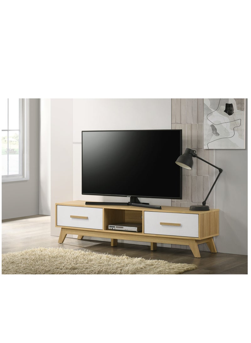 دبيلو تي- إيزي كير خزانة تلفزيون خشبية لغرفة المعيشة، بلمسة نهائية من خشب البلوط القيقبي - درجان ورف مفتوح مع إدارة الكابلات، تناسب أجهزة التلفزيون حتى 55 بوصة، وحدة ترفيه حديثة، متينة وسهلة التركيب