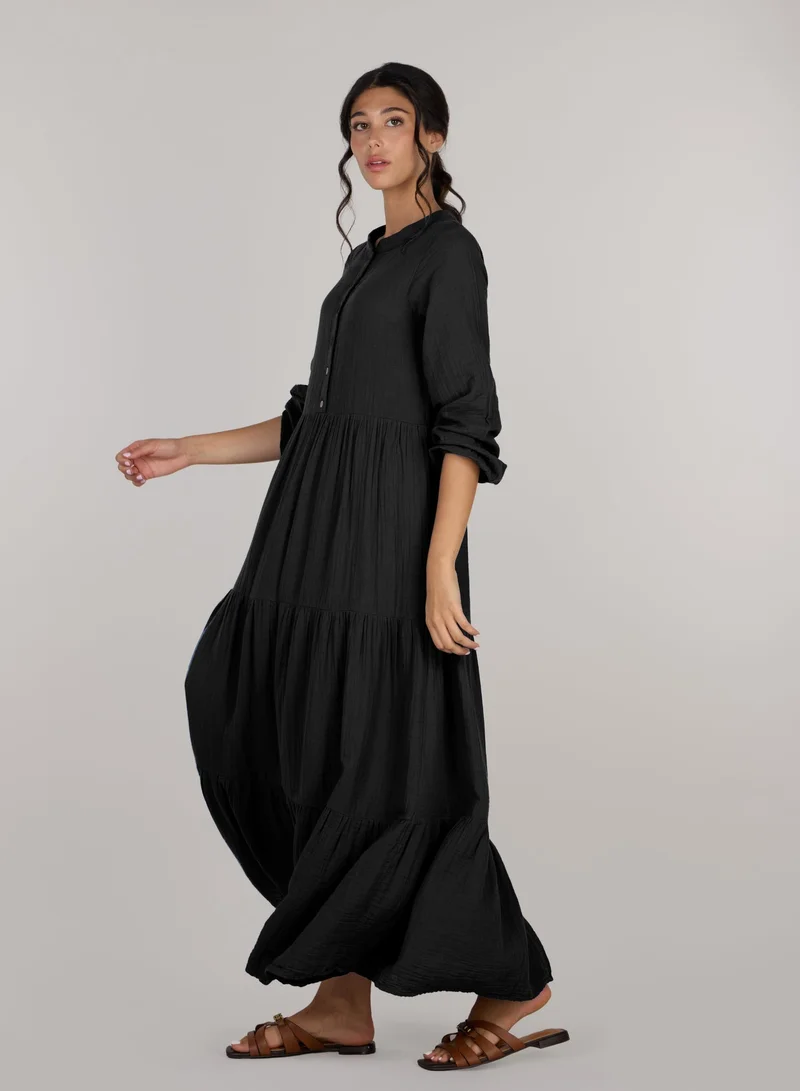 Just Nature black Button-Front Tiered Midi Dress for Women | Best Price UAE