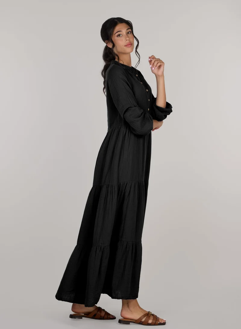 Just Nature black Button-Front Tiered Midi Dress for Women | Best Price UAE
