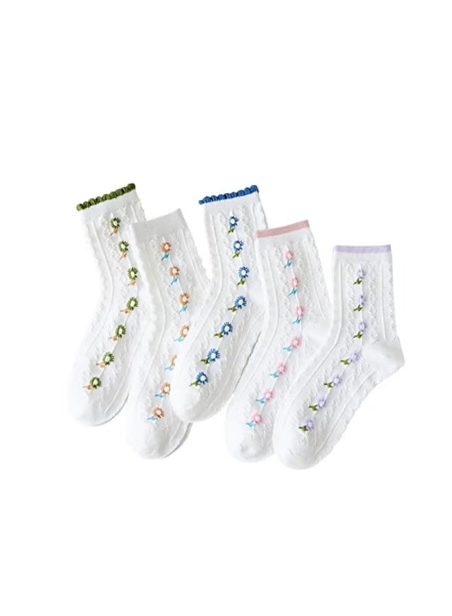 5 Pairs Floral Lovely Design Cotton Socks - Image 1