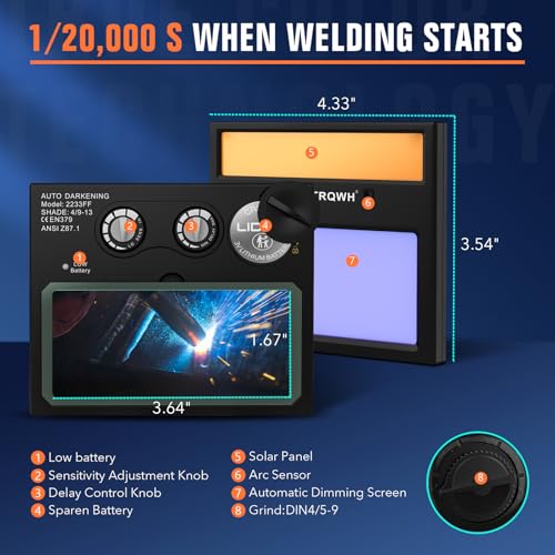 TRQWH Welding Lens - Solar Auto Darkening Welding Helmet Lens True Color Technology with 2 Arc Sensor Ajustable Shade Range 4/9-13 Automatic LCD Lens Dimming Shade Filter 4.33x3.54in Auto Welding Lens - Image 5