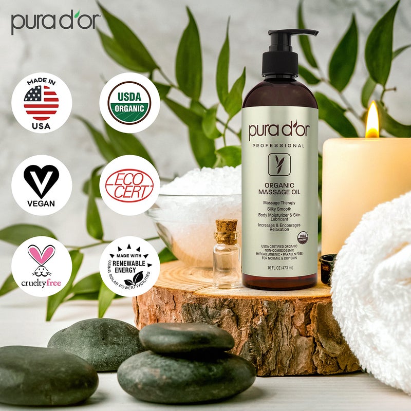 PURA D'OR 16 Oz ORGANIC Massage Therapy Oil USDA Certified Almond, Apricot, Argan, Ginger, Jojoba, Lavender Oils For Silky & Softer Skin - Body Moisturizer & Skin Lubricant - Aromatherapy & Relaxation - Image 4