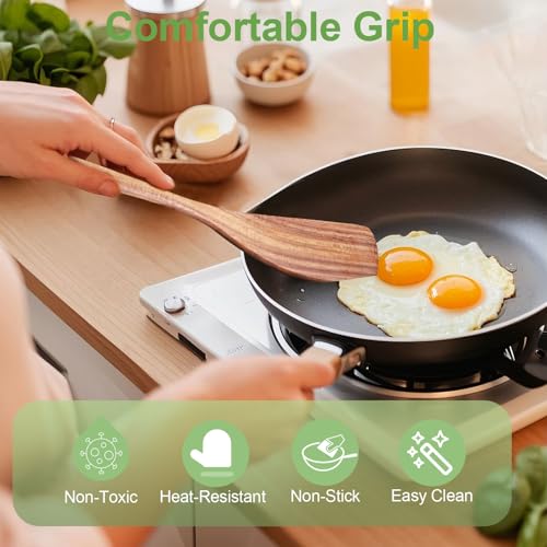 FunCee 2 Pack Wooden Spatula, Acacia Wood Long Handle Flat Frying Turner, Handmade wooden spoons for cooking, Kitchen Utensil set, Non-Stick Cooking Spurtle Utensils for kitchen use - Image 2