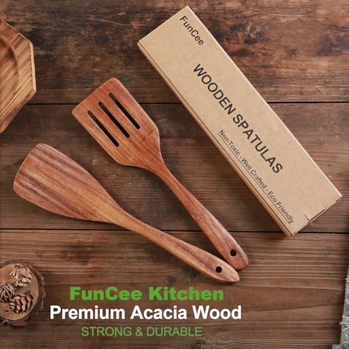FunCee 2 Pack Wooden Spatula, Acacia Wood Long Handle Flat Frying Turner, Handmade wooden spoons for cooking, Kitchen Utensil set, Non-Stick Cooking Spurtle Utensils for kitchen use - Image 5