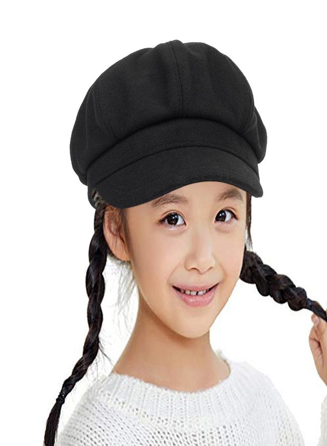 Mealah Kids-Girls-Wool-Newsboy Cap - Vintage Winter Outdoor-Boys-Beret Cabbie Hat-Octagonal Toddler Painter Cap for 3-8 Years Black - Image 4