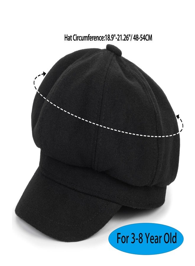 Mealah Kids-Girls-Wool-Newsboy Cap - Vintage Winter Outdoor-Boys-Beret Cabbie Hat-Octagonal Toddler Painter Cap for 3-8 Years Black - Image 2