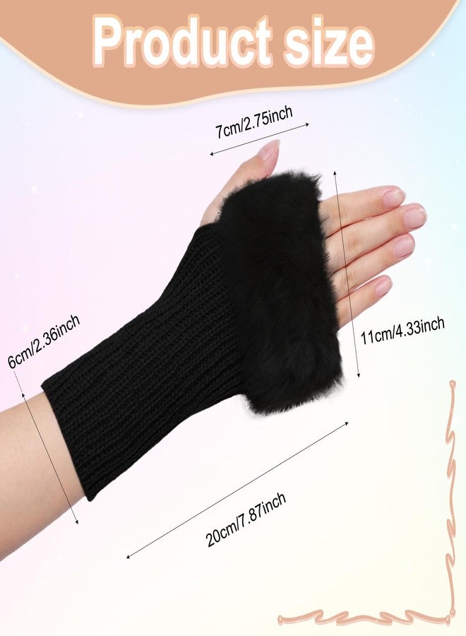 Fumwase 2Pairs Winter Women Furry Fingerless Gloves Knitted ThumbHole Arm Warmers Faux Fur Wrist Short Cuff (2, Black and White) - Image 2
