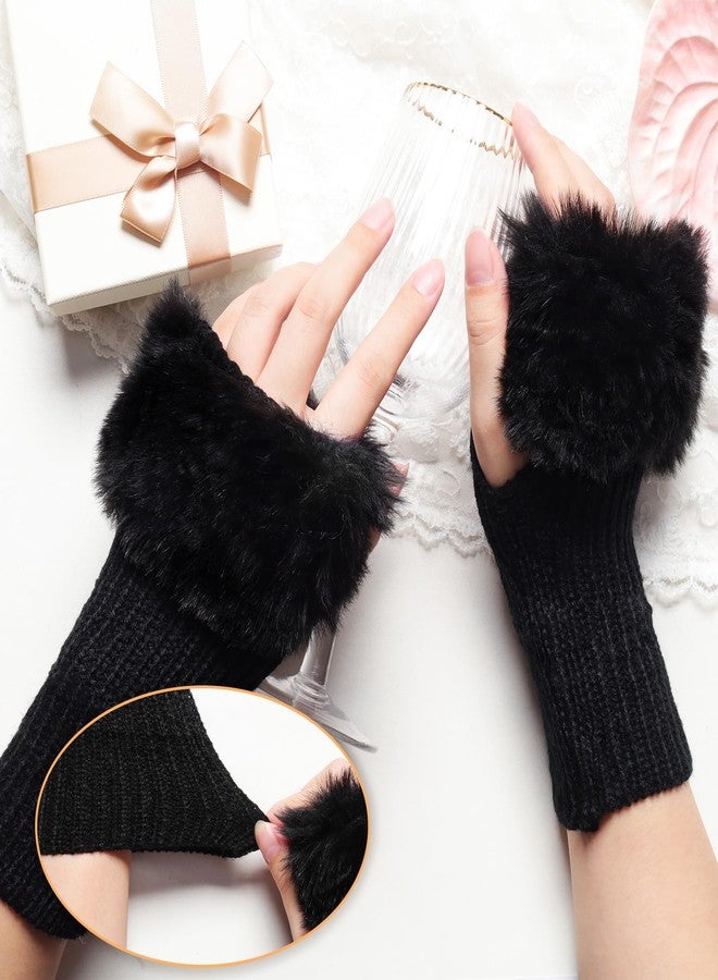 Fumwase 2Pairs Winter Women Furry Fingerless Gloves Knitted ThumbHole Arm Warmers Faux Fur Wrist Short Cuff (2, Black and White) - Image 3