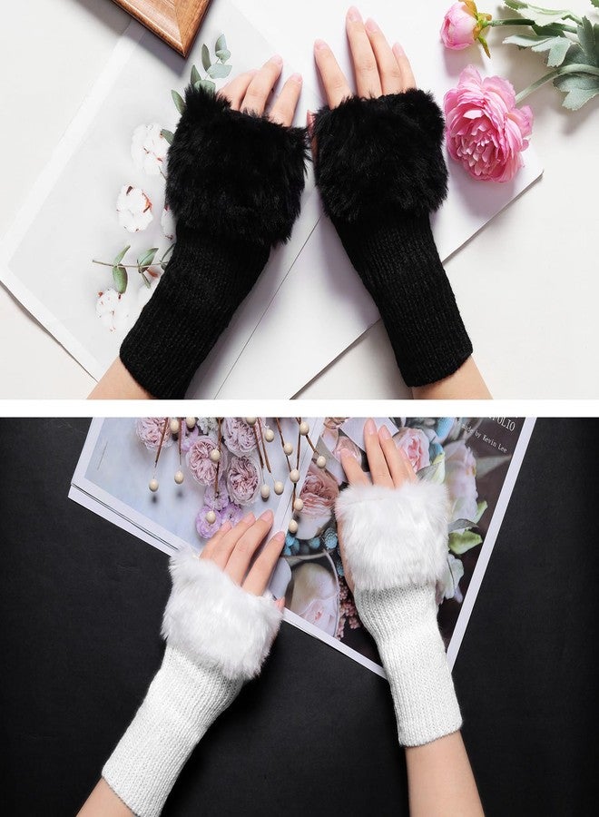 Fumwase 2Pairs Winter Women Furry Fingerless Gloves Knitted ThumbHole Arm Warmers Faux Fur Wrist Short Cuff (2, Black and White) - Image 4