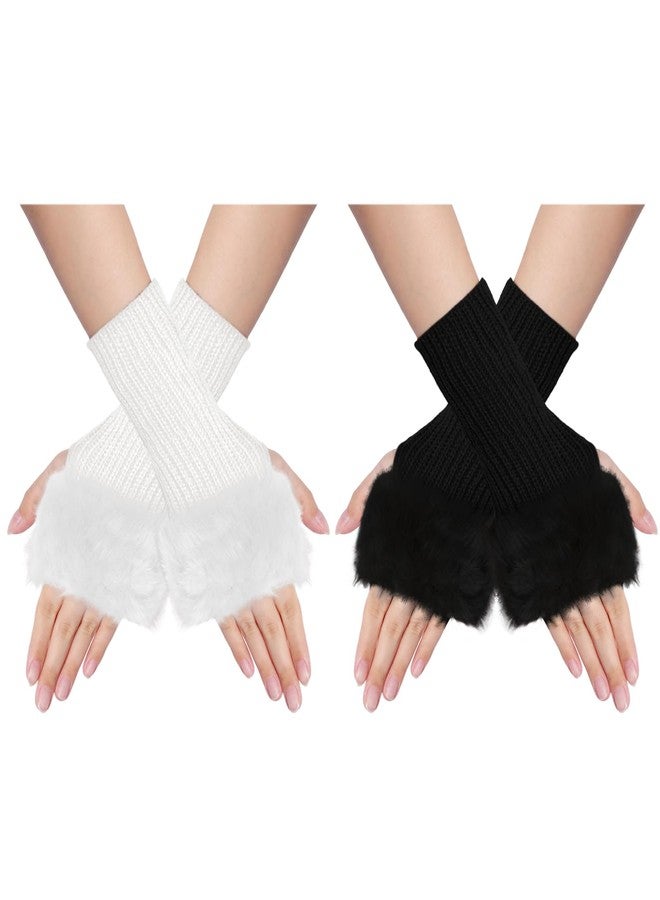 Fumwase 2Pairs Winter Women Furry Fingerless Gloves Knitted ThumbHole Arm Warmers Faux Fur Wrist Short Cuff (2, Black and White) - Image 1