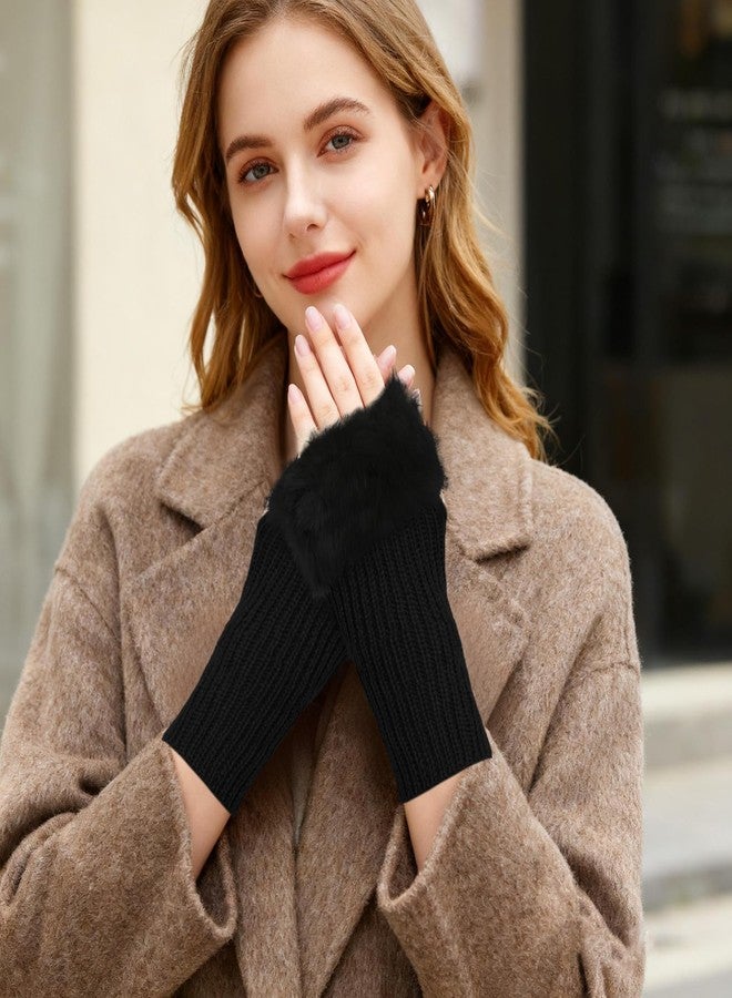 Fumwase 2Pairs Winter Women Furry Fingerless Gloves Knitted ThumbHole Arm Warmers Faux Fur Wrist Short Cuff (2, Black and White) - Image 5