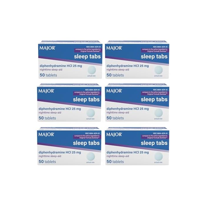 MAJOR Nighttime Sleep Aid Tablets, Diphenhydramine HCl 25 mg, for Adults with Trouble Sleeping, 50 Count (6-Pack) - Image 1