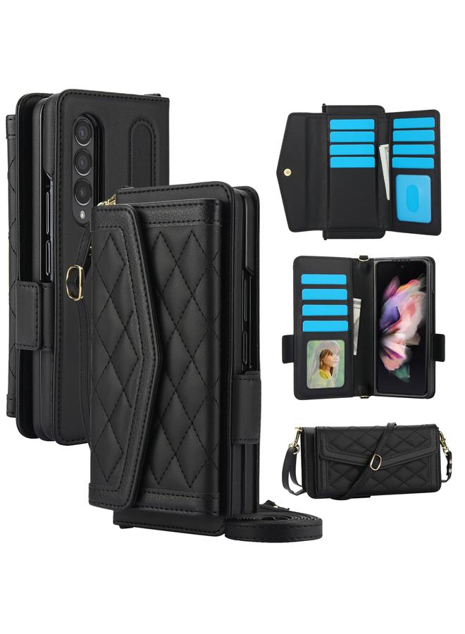 S-TOP Case For Samsung Galaxy Z Fold3 5G Splicing Rhombic Texture Card Holder Phone Case with Lanyard, Not Included Pen - Image 1