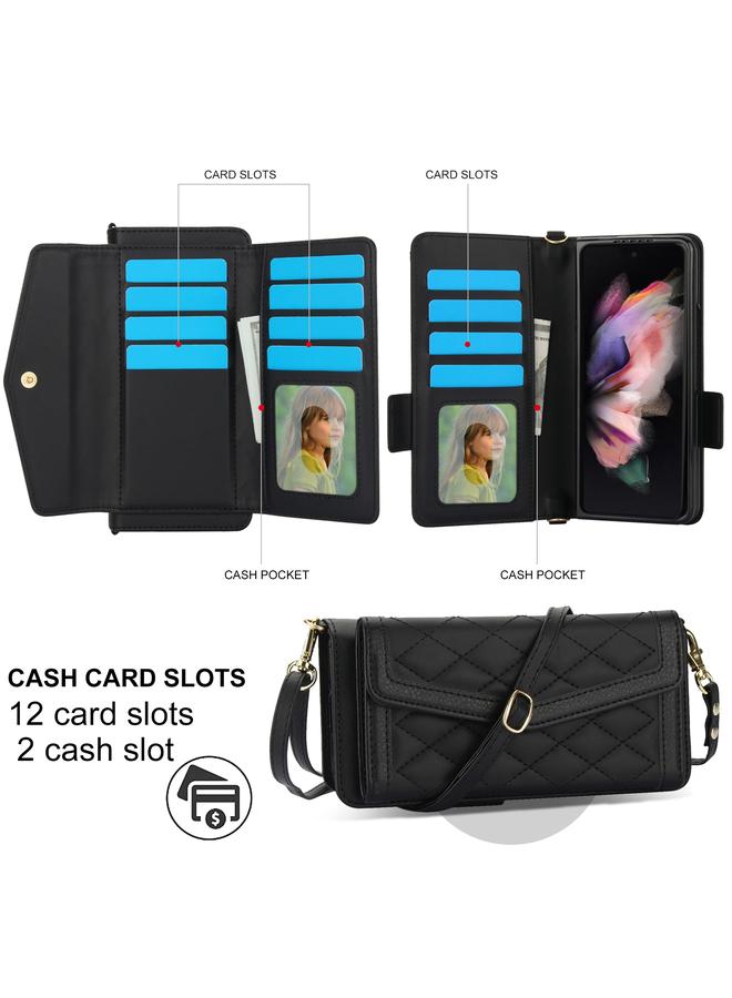 S-TOP Case For Samsung Galaxy Z Fold3 5G Splicing Rhombic Texture Card Holder Phone Case with Lanyard, Not Included Pen - Image 2