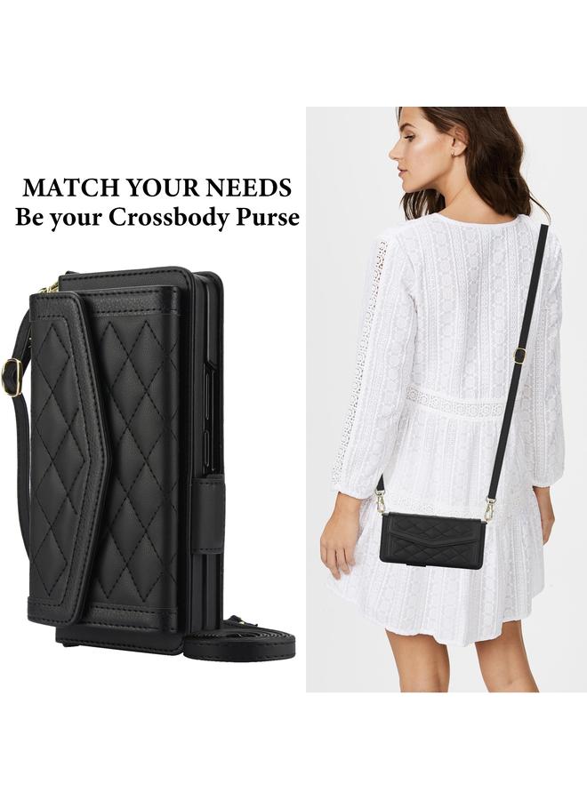 S-TOP Case For Samsung Galaxy Z Fold3 5G Splicing Rhombic Texture Card Holder Phone Case with Lanyard, Not Included Pen - Image 4