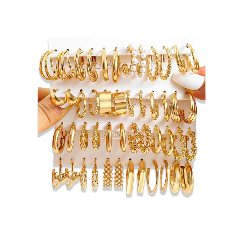 17IF 24 Pairs Gold Earring Set for Women, Chunky Earring Multipack Punk Trendy Big Small Stud Hoop Earring Lightweight Twisted Pearl Ear Pack For Daily Birthday Party - Image 1
