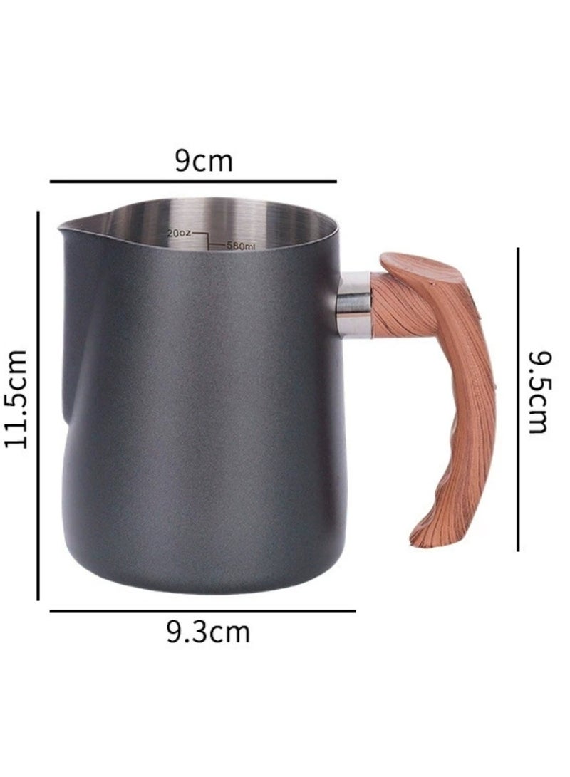 Stainless steel coffee latte pitcher with marked patterns for special coffee cups