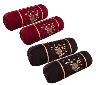 Shri Krishana Fabrics Shri Krishana Fabrics Set of 4 Multicolor Embroidered Cotton Bolster Covers with Attached Ribbon Tie Closure 16x32 Inches Decorative Pillow Covers for Bed Sofa and Couch 