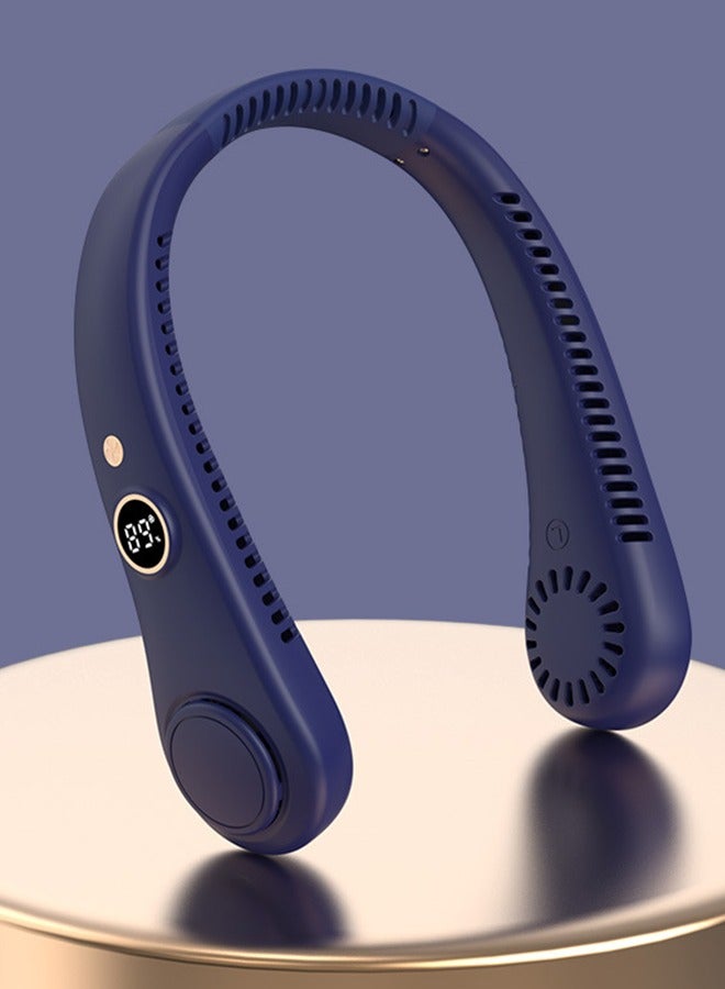 HaveDream LED Digital Display Neck Hanging Fan, Outdoor Sports Student USB Bladeless Turbine Silent High Wind Power Mini Fan-Dark Blue - Image 1