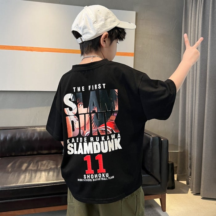Boys' T-Shirt Short Sleeve 2026 New Summer Style For Elementary School Students, Trendy Pure Cotton Red Half-Sleeve Top, Summer Wear For Boys, Trendy T-Shirt - Image 1
