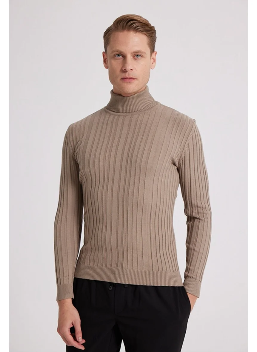 D'S DAMAT Slim Fit Beige Corduroy Cotton Blend Turtleneck Knitwear Sweater 5HF06ORT63100