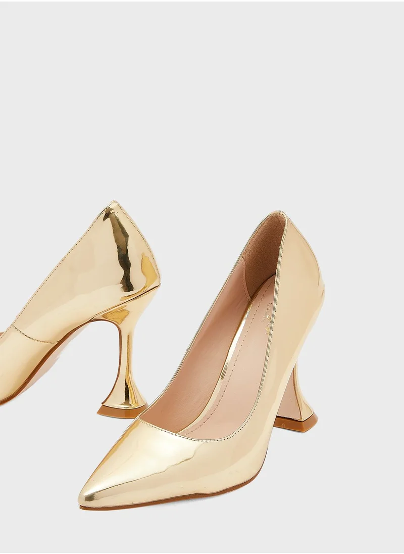 Ginger Metallic Flared Heel Pointed Pump