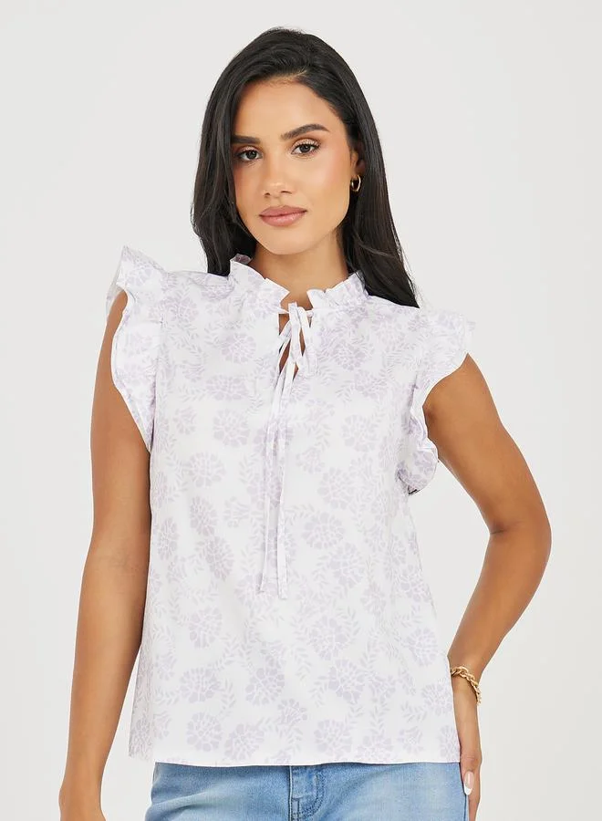 Take Two Floral Printed Ruffle Sleeve Tie-up neck Blouse
