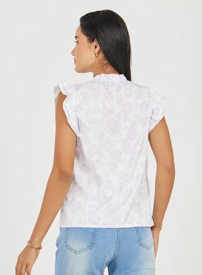 Take Two Floral Printed Ruffle Sleeve Tie-up neck Blouse