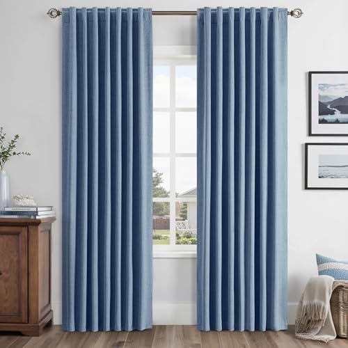 MIULEE 100% Blackout Linen Curtains for Bedroom, Stone Blue Solid Luxury Decor Thermal Insulation Room Darkening Drapes for Living Room Nursery Back Tab Rod Pocket 42 x 84 Inches, 2 Panels