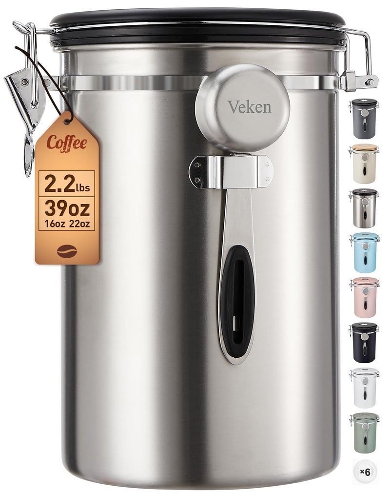 Veken Coffee Canister, 39OZ Large, Airtight Stainless Steel Food Storage Container for 2.2lbs Coffee Beans, Ground, Sugar, Tea, Flour, Cereal, Kitchen Bar Accessories with Date Tracker & Scoop, Silver - Image 1