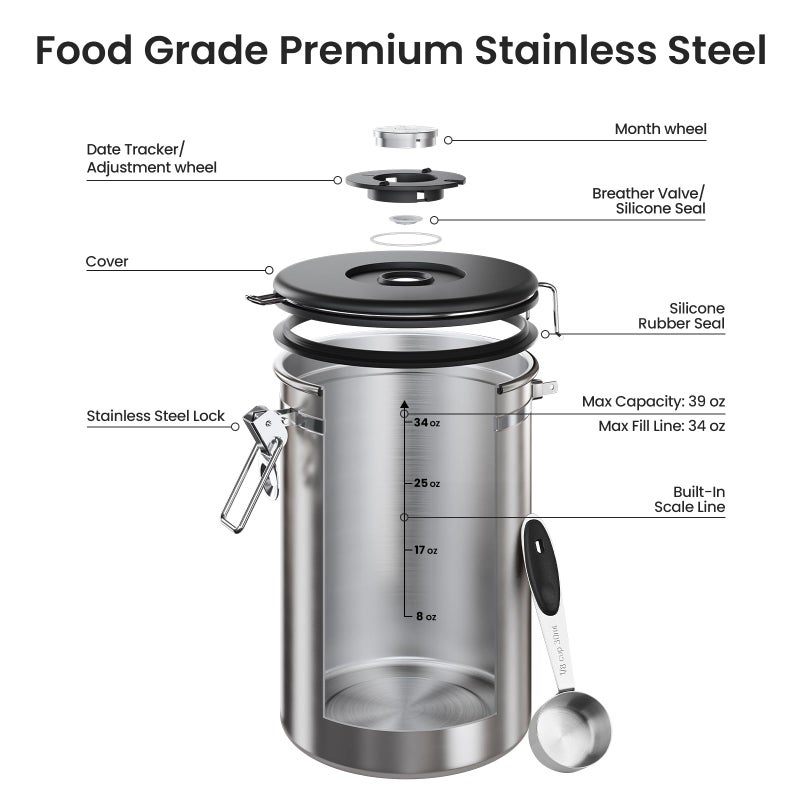 Veken Coffee Canister, 39OZ Large, Airtight Stainless Steel Food Storage Container for 2.2lbs Coffee Beans, Ground, Sugar, Tea, Flour, Cereal, Kitchen Bar Accessories with Date Tracker & Scoop, Silver - Image 5