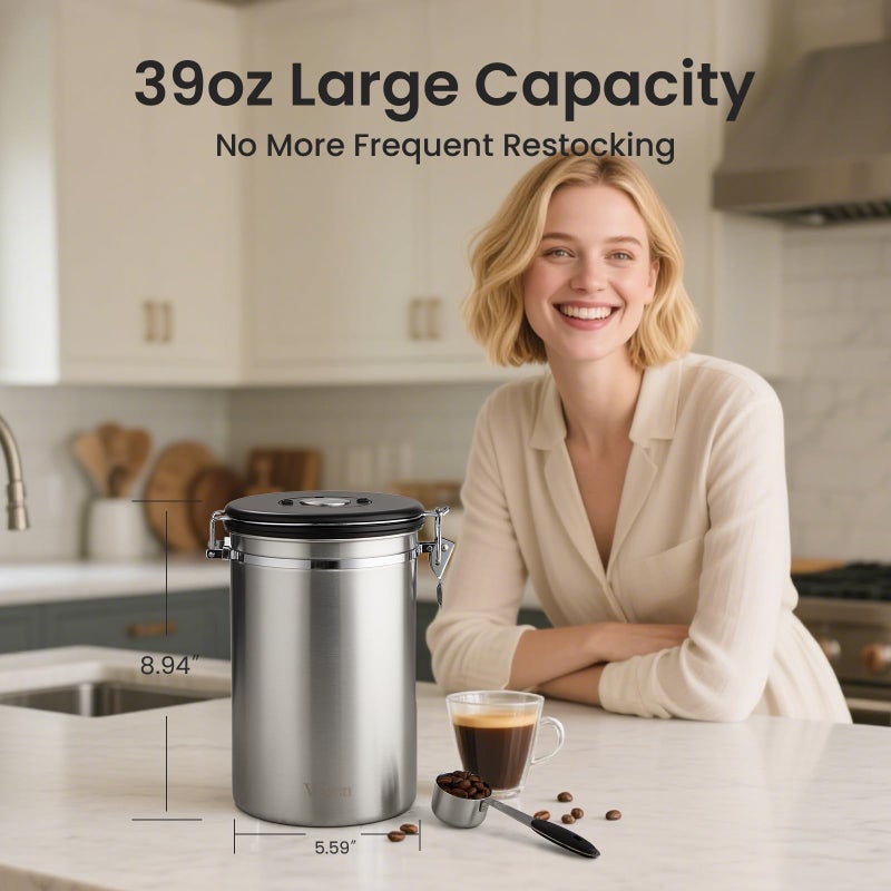Veken Coffee Canister, 39OZ Large, Airtight Stainless Steel Food Storage Container for 2.2lbs Coffee Beans, Ground, Sugar, Tea, Flour, Cereal, Kitchen Bar Accessories with Date Tracker & Scoop, Silver - Image 2
