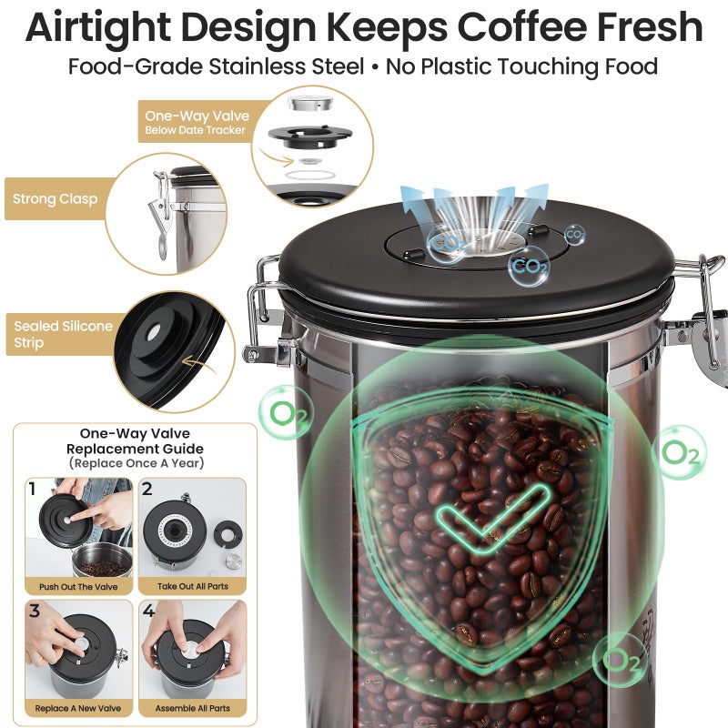 Veken Coffee Canister, 39OZ Large, Airtight Stainless Steel Food Storage Container for 2.2lbs Coffee Beans, Ground, Sugar, Tea, Flour, Cereal, Kitchen Bar Accessories with Date Tracker & Scoop, Silver - Image 4