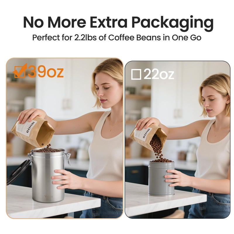 Veken Coffee Canister, 39OZ Large, Airtight Stainless Steel Food Storage Container for 2.2lbs Coffee Beans, Ground, Sugar, Tea, Flour, Cereal, Kitchen Bar Accessories with Date Tracker & Scoop, Silver - Image 3