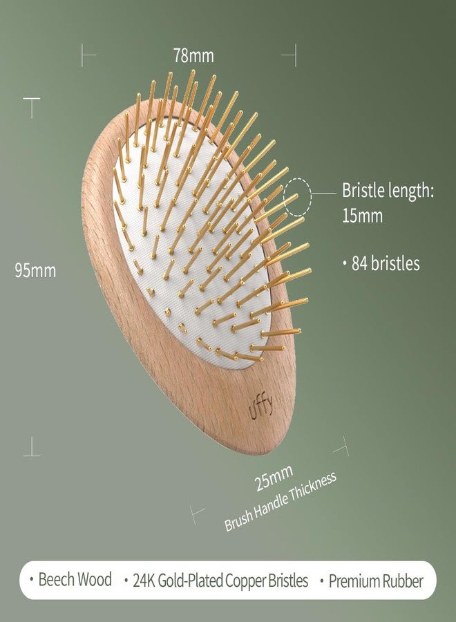 Uffy Scalp Massaging 24k Detangler HairBrush Ergonomic Round Handheld Design Far-infrared Patent 24k Gold Plated Bristle to improve Dandruff, Blood Circulation & Hair Growth, Beech Wood - Image 5