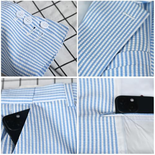 PopEle Leisure Mens Blue Striped Seersucker Slim Fit Suit Grooms Lightweight Sear Sucker Suit for Wedding, Blue, Medium - Image 2