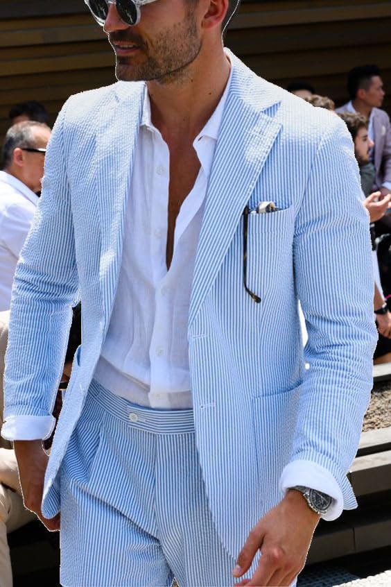PopEle Leisure Mens Blue Striped Seersucker Slim Fit Suit Grooms Lightweight Sear Sucker Suit for Wedding, Blue, Medium - Image 4