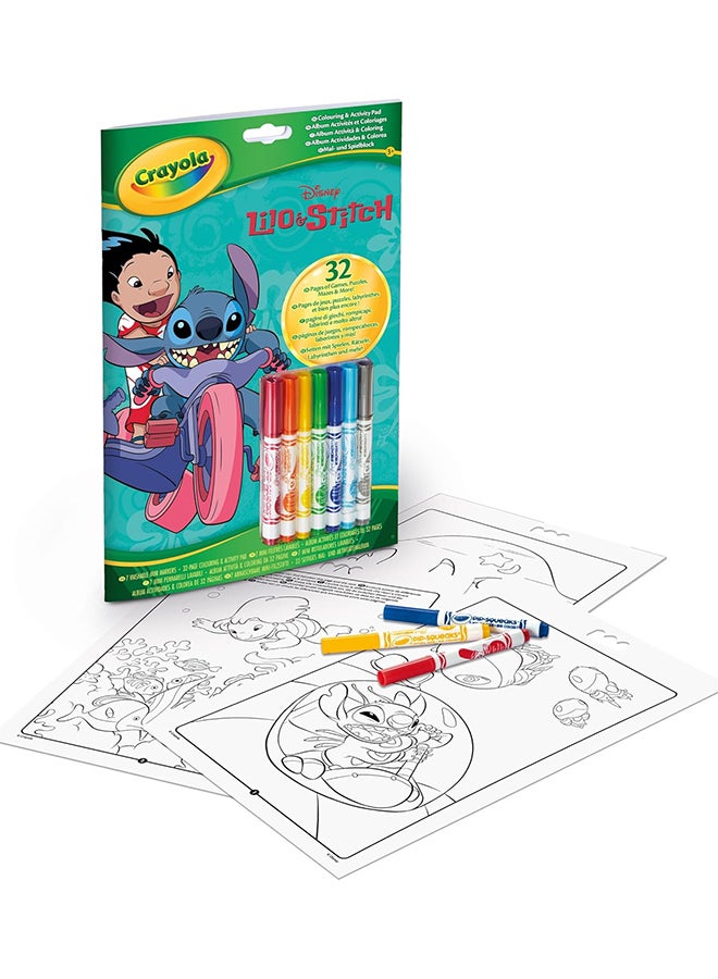 Lilo & Stitch Activity & Colouring Book – 32 Fun Pages with 7 Washable Mini Felt-Tip Pens | Creative Art Set for Kids | Perfect Gift for Boys & Girls Ages 3+