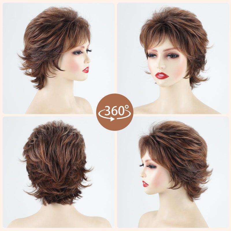TISHINING Short Mixed Brown Curly Wigs for Women Layered Red Brown Pixie Cut Wig with Bangs Heat Synthetic Short Hair Wigs for White Women Natural Looking Daily Party Wig - Image 2