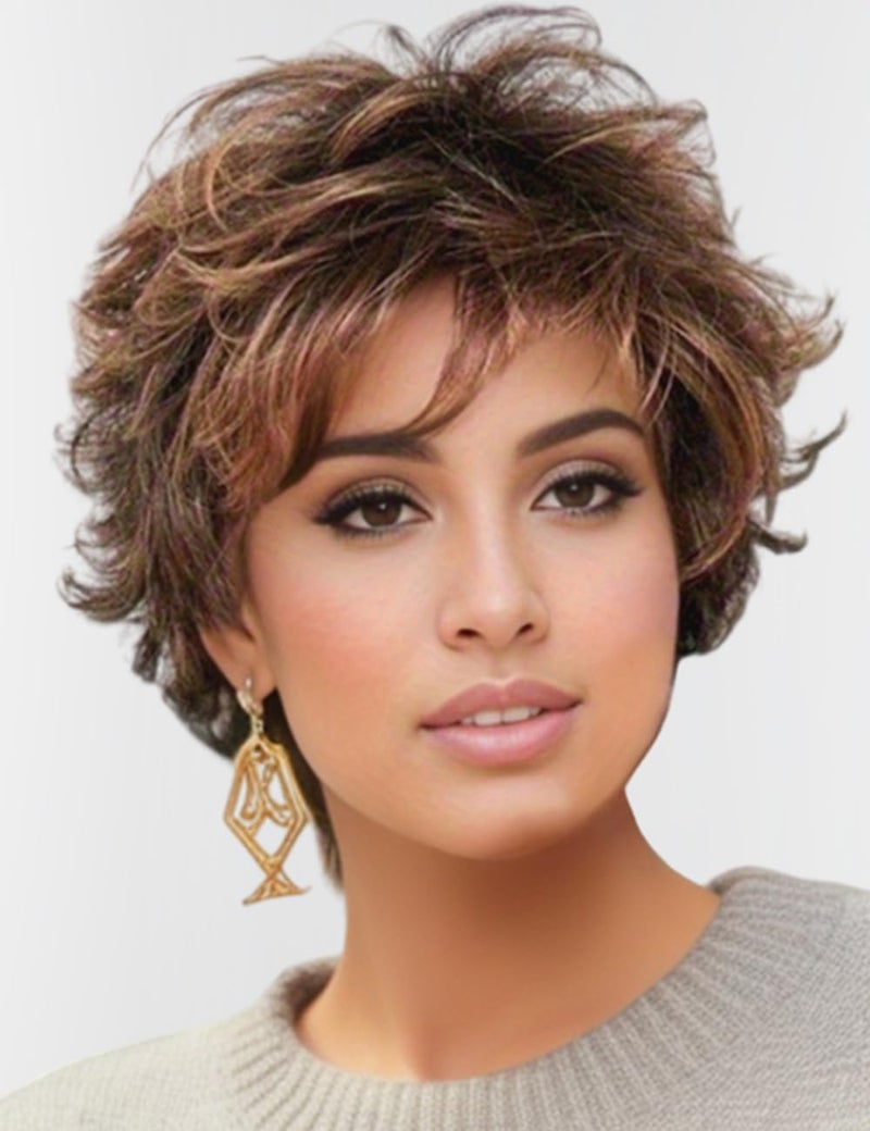 TISHINING Short Mixed Brown Curly Wigs for Women Layered Red Brown Pixie Cut Wig with Bangs Heat Synthetic Short Hair Wigs for White Women Natural Looking Daily Party Wig - Image 1