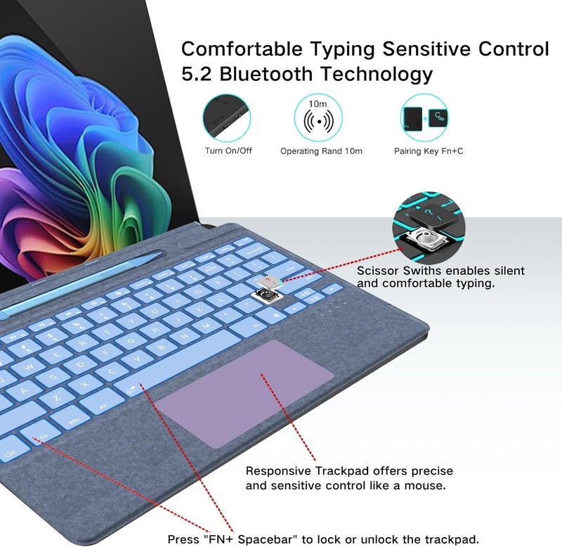 NUWONAYA Keyboard for Surface Pro 11/10/9/8/X (13inch), Portable Slim Type Cover for Surface Pro, Wireless Bluetooth Keyboard with Touchpad, Backlits,Built in Pencil Holder,Gray - Image 4