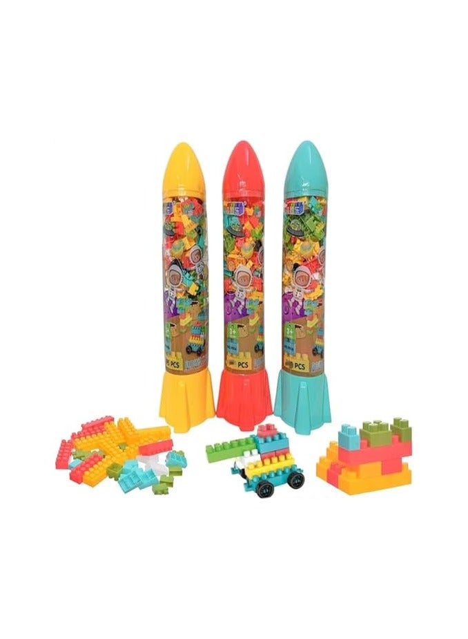 Rocket-shaped cube bucket for children. Cubes for developing skills and presented as a gift. Cubes in different sizes, shapes and colors. - Image 2