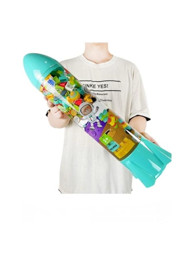 Rocket-shaped cube bucket for children. Cubes for developing skills and presented as a gift. Cubes in different sizes, shapes and colors. - Image 3