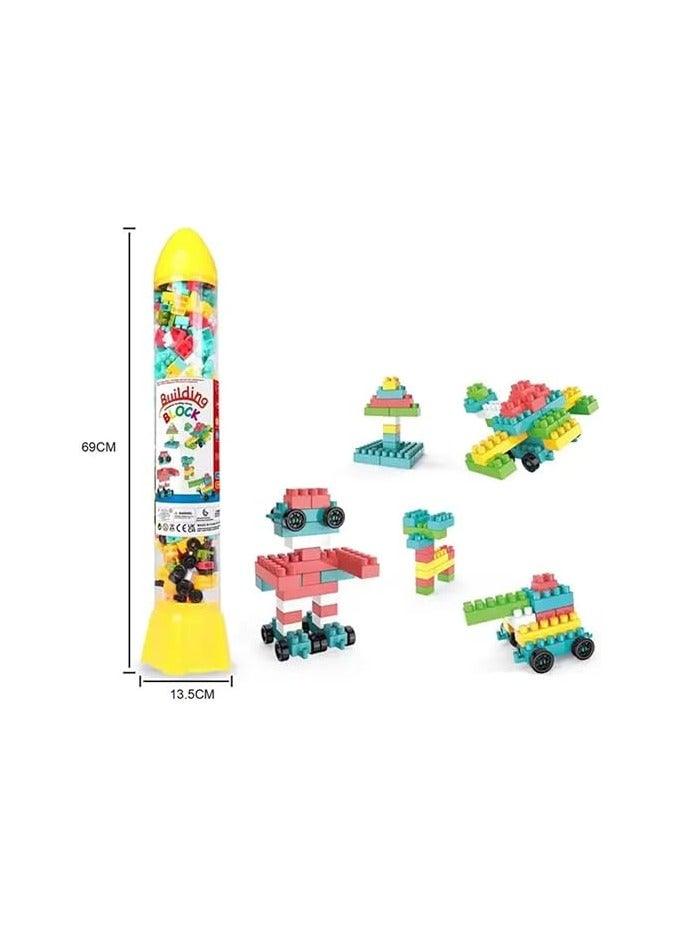 Rocket-shaped cube bucket for children. Cubes for developing skills and presented as a gift. Cubes in different sizes, shapes and colors. - Image 4