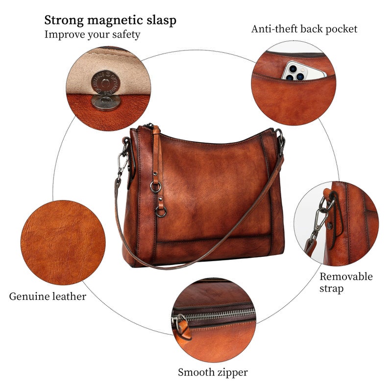 Iswee Retro Leather Shoulder Purse Mini Crossbody Bags for Women Handbag Travel Hobo Ladies Vintage Bag for Work (Brown) - Image 5
