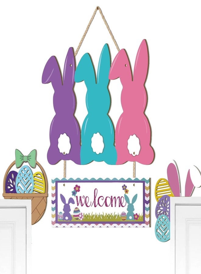 BWFY Welcome Easter Wreaths for Front Door Bunny Egg Door Sign Spring Decor,4Pcs Wooden Easter Hanger for Home Wall Front Porch Outdoor - Image 1